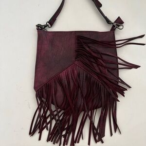 Vegan Faux Leather Dark Plum Purple Wash crossbody purse With Fringe Detail